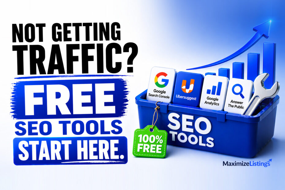 Free SEO tools for improving listing visibility including Google Search Console, Google Analytics and keyword research tools
