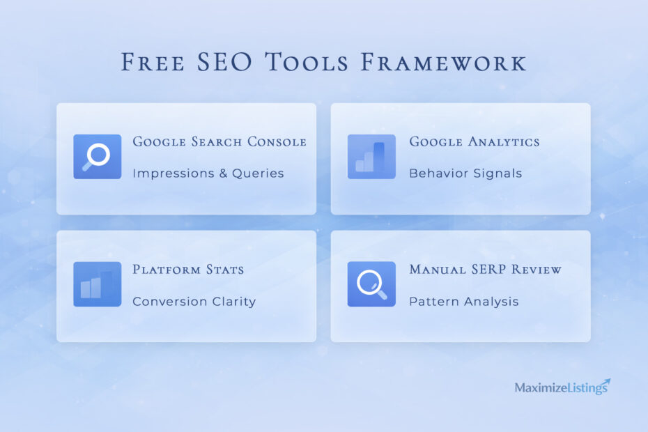 Free SEO tools framework showing Google Search Console, Google Analytics, platform stats and manual SERP review for improving listing visibility