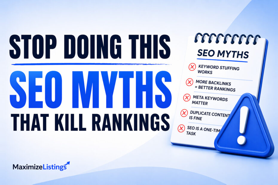 seo myths that hurt listing visibility and rankings including keyword stuffing and outdated SEO advice