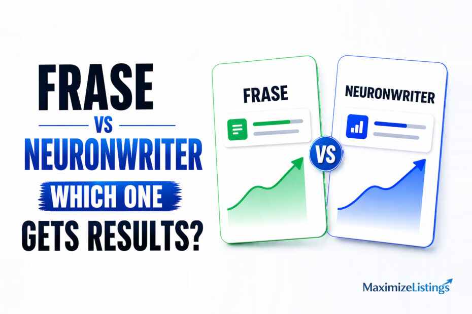 Frase vs NeuronWriter comparison showing two SEO tools with performance charts and results-focused evaluation